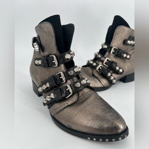 Mimmu Leather Moto Studded Buckle Multi Strap Distressed Ankle Boots